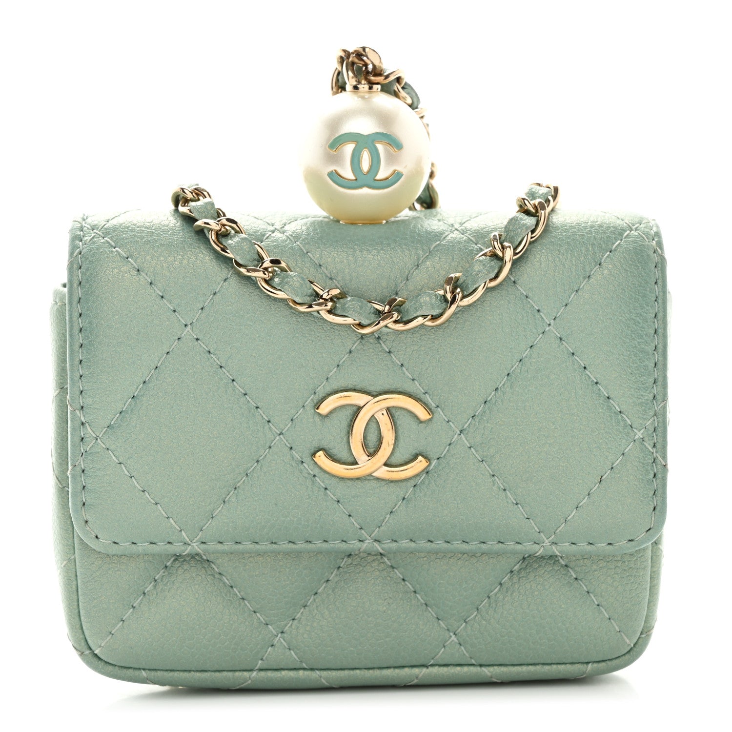 Chanel Iridescent Caviar Quilted Pearl On Top Coin Purse With Chain Light Green 1 of 9