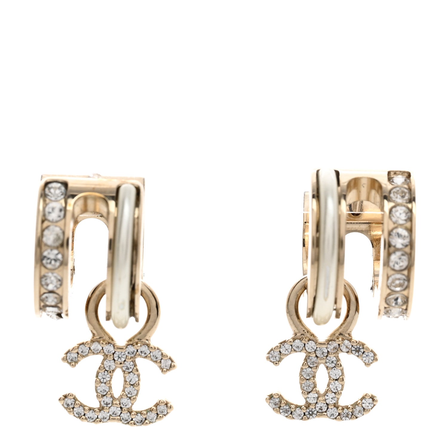 Chanel Crystal CC Hoop Drop Earrings Gold Pearly White 1 of 5