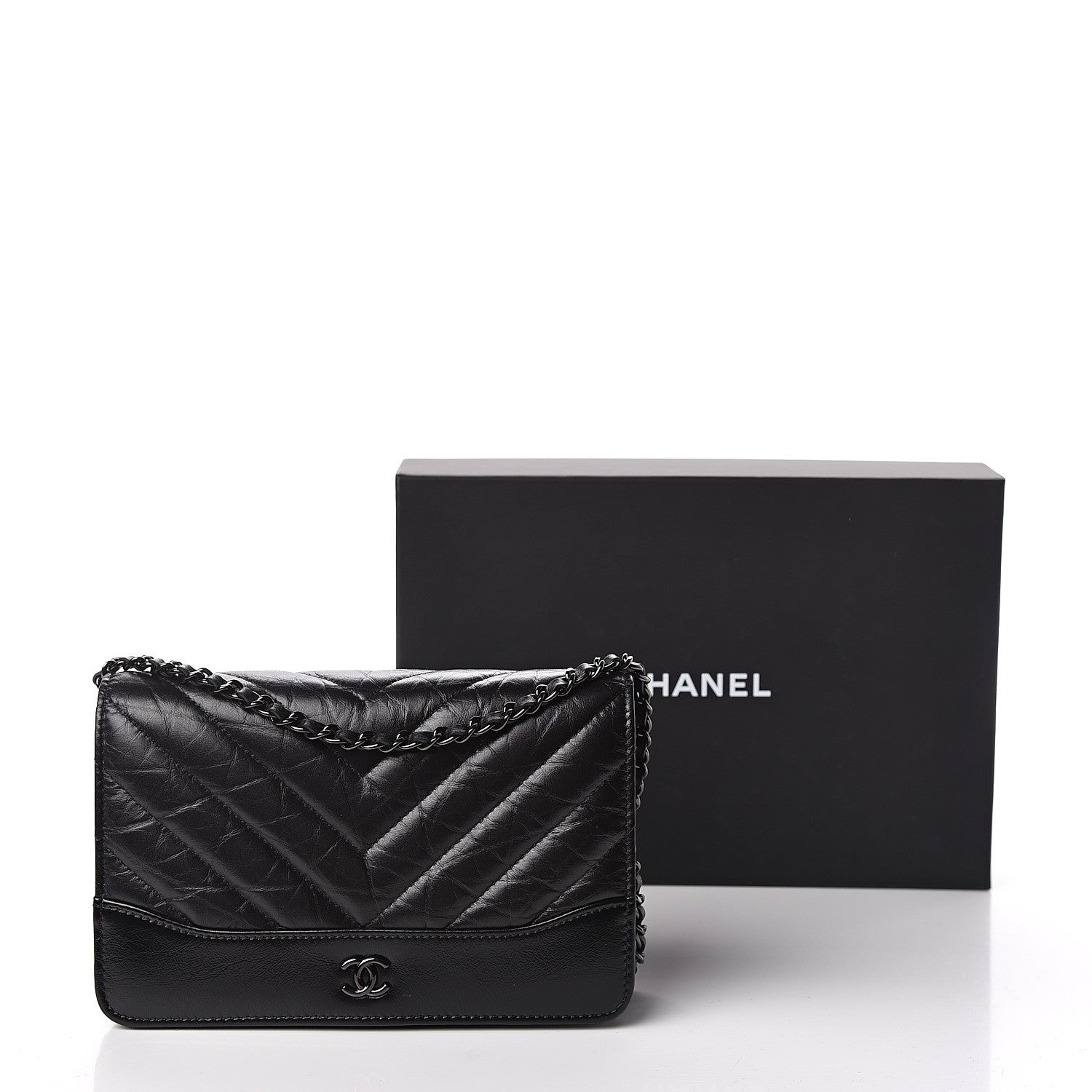 Chanel Aged Calfskin Chevron Quilted Gabrielle Wallet On Chain WOC Black 12 of 12