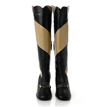 Gucci Calfskin Wrinkled Kid Diagonal Striped Zumi Knee Boots 38.5 Black Beige Romantic Cherry 2 of 9