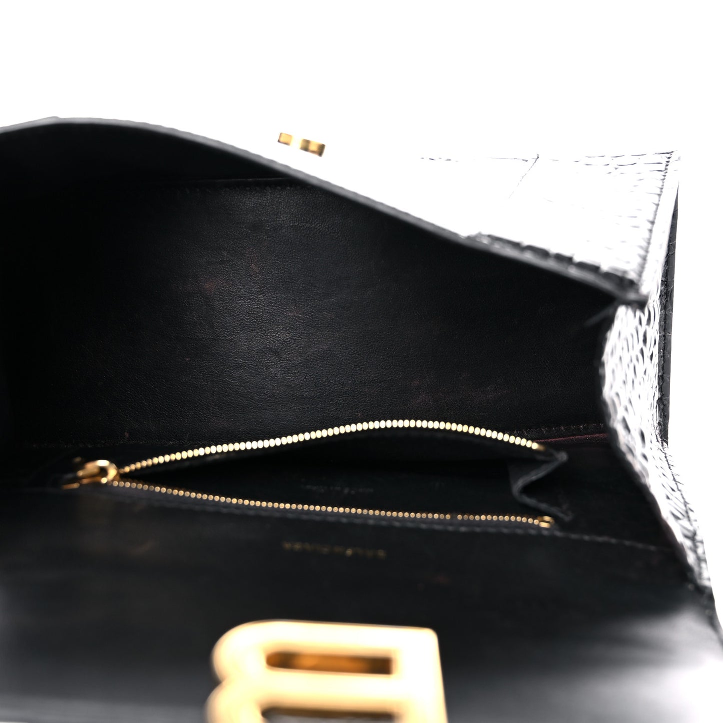 Shiny Calfskin Crocodile Embossed Small Hourglass Top Handle Bag Black