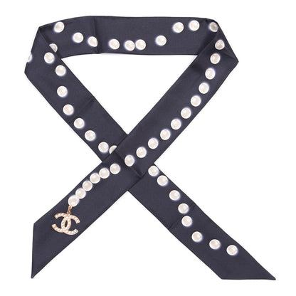 Chanel Silk Pearl CC Slim Bandeau Scarf Navy 1 of 3