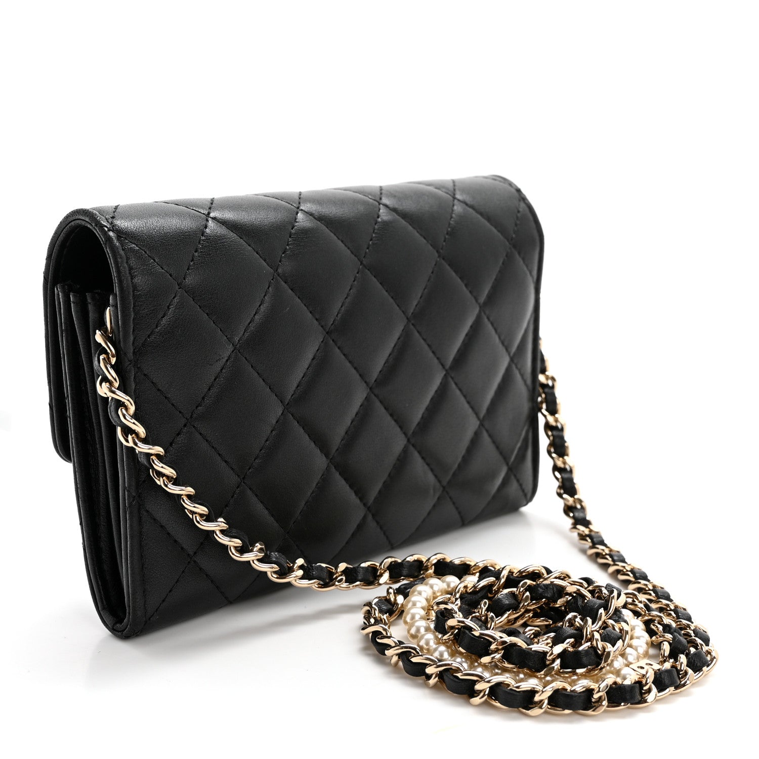 Chanel Lambskin Quilted Pearl My Shoulder Mini French Wallet On Chain WOC Black 3 of 12
