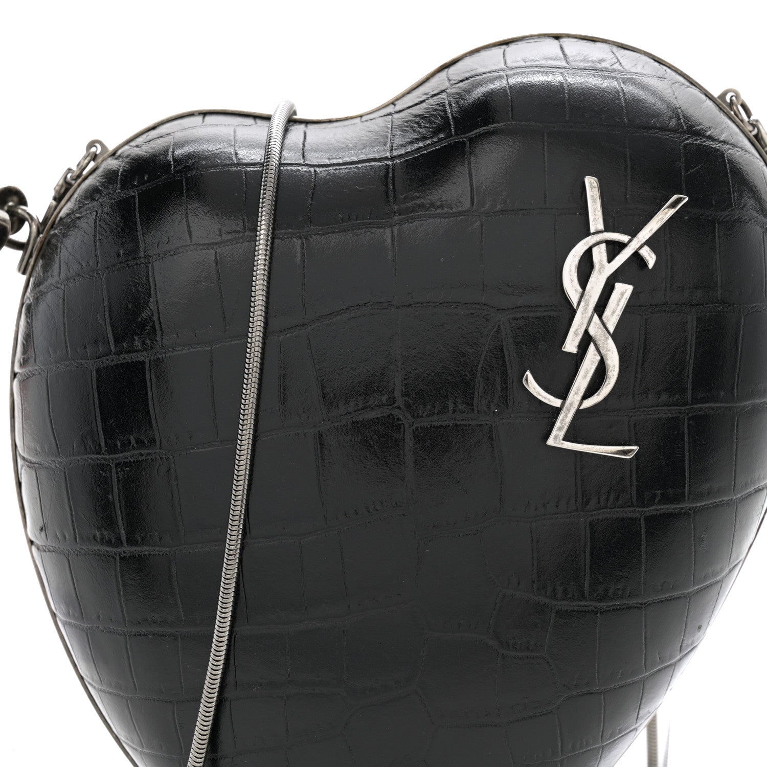 Saint Laurent Calfskin Crocodile Embossed Monogram Love Box Bag Black 7 of 9
