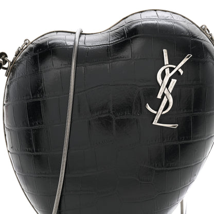 Saint Laurent Calfskin Crocodile Embossed Monogram Love Box Bag Black 7 of 9
