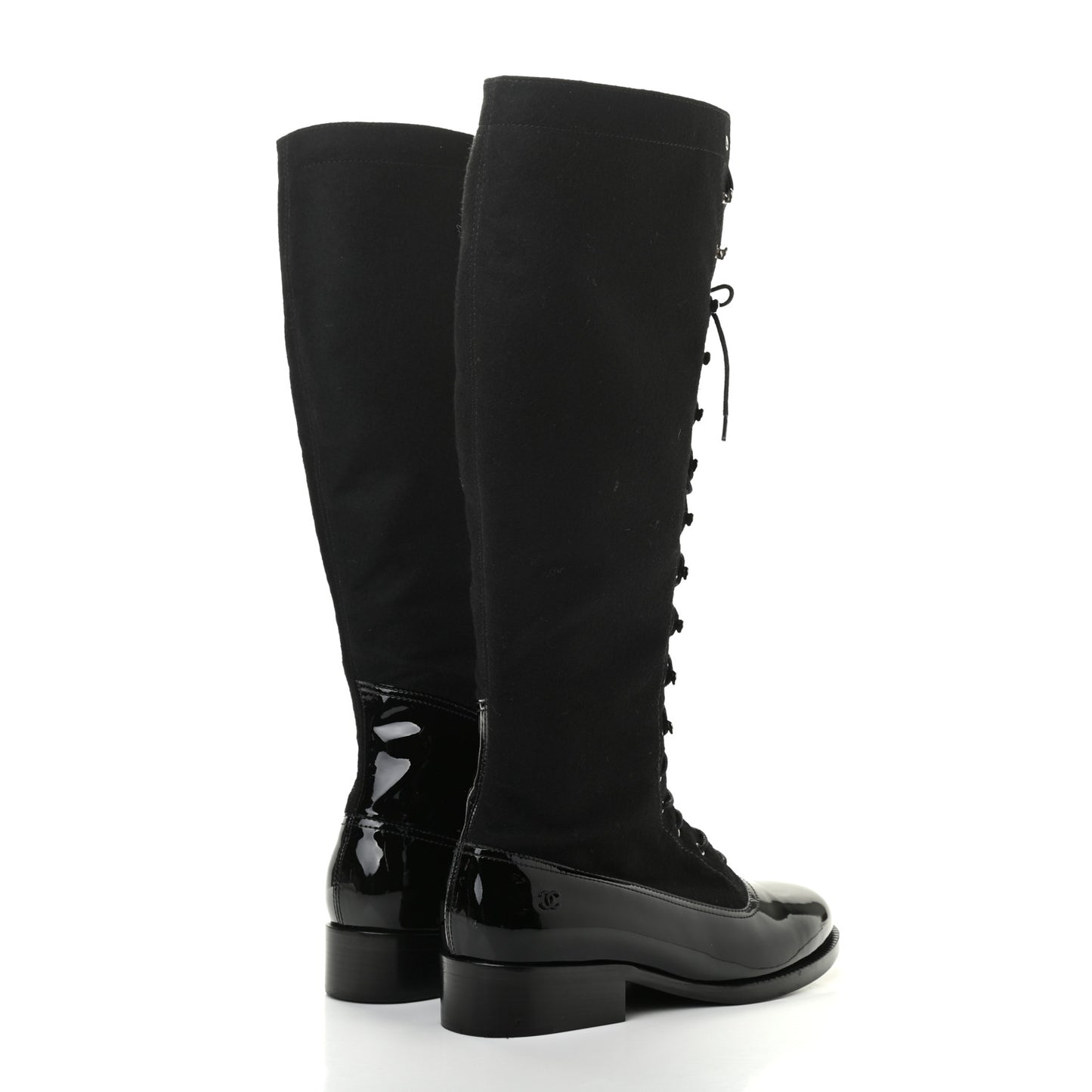 Wool Patent Cap Toe Lace Up High Boots 38 Black
