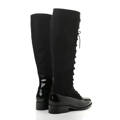 Chanel Wool Patent Cap Toe Lace Up High Boots 38 Black 4 of 11