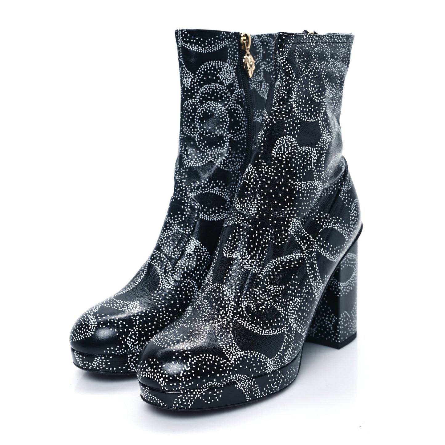 Calfskin Camellia Printed Ankle Boots 38 Black White