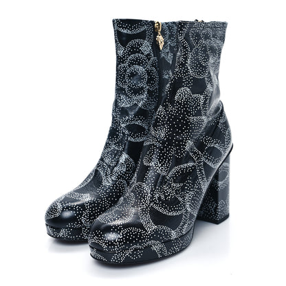 Chanel Calfskin Camellia Printed Ankle Boots 38 Black White 3 of 10