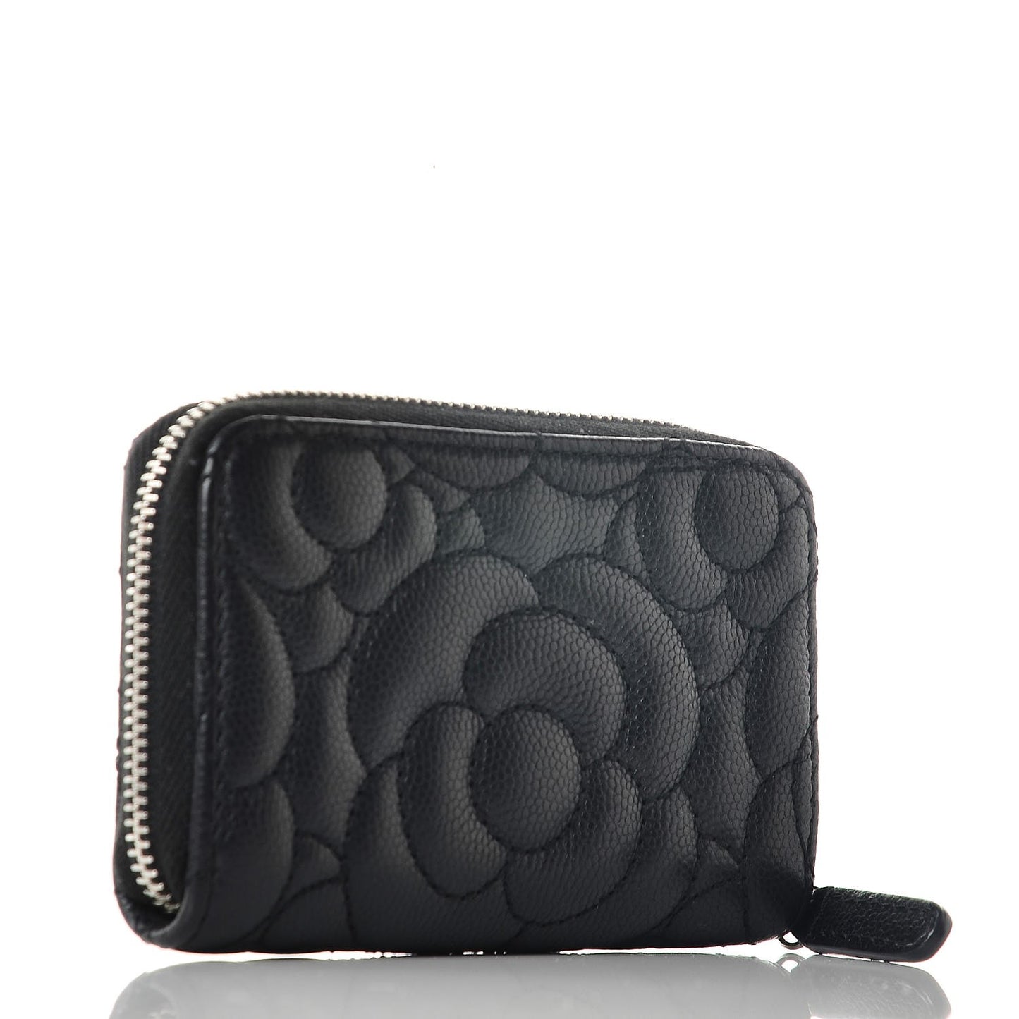 Caviar Camellia Embossed Zip Coin Purse Black