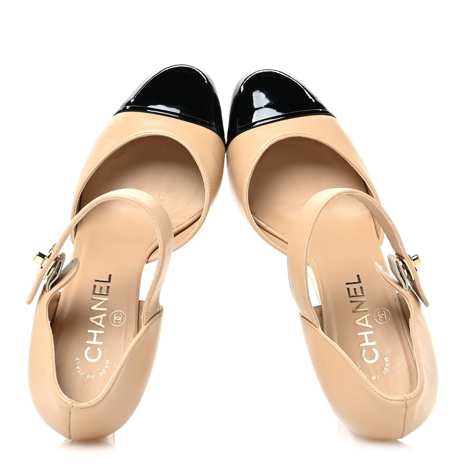 Chanel Lambskin Patent Cap Toe Mary Jane Wedge Pumps 38.5 Beige