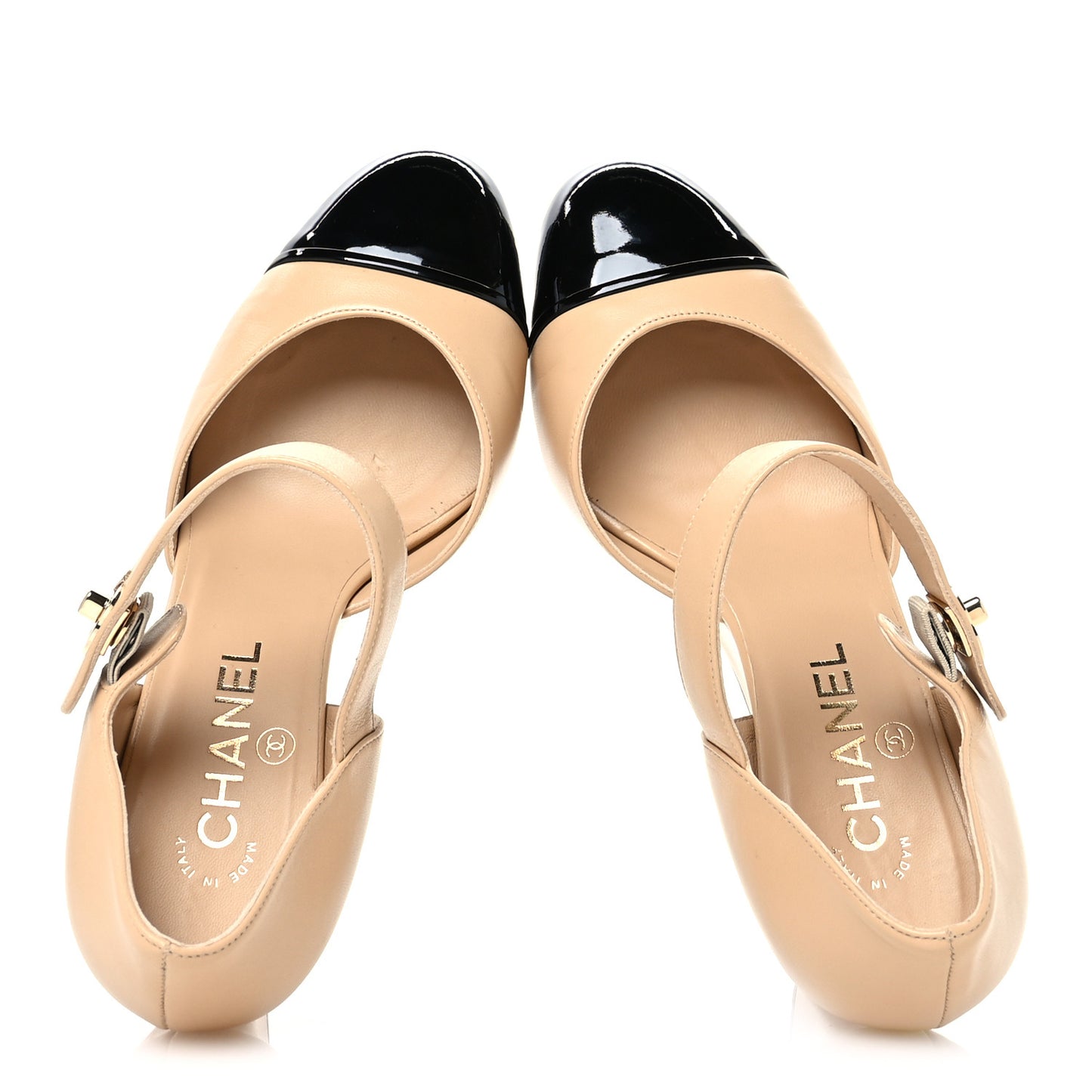 Lambskin Patent Cap Toe Mary Jane Wedge Pumps 38.5 Beige Black