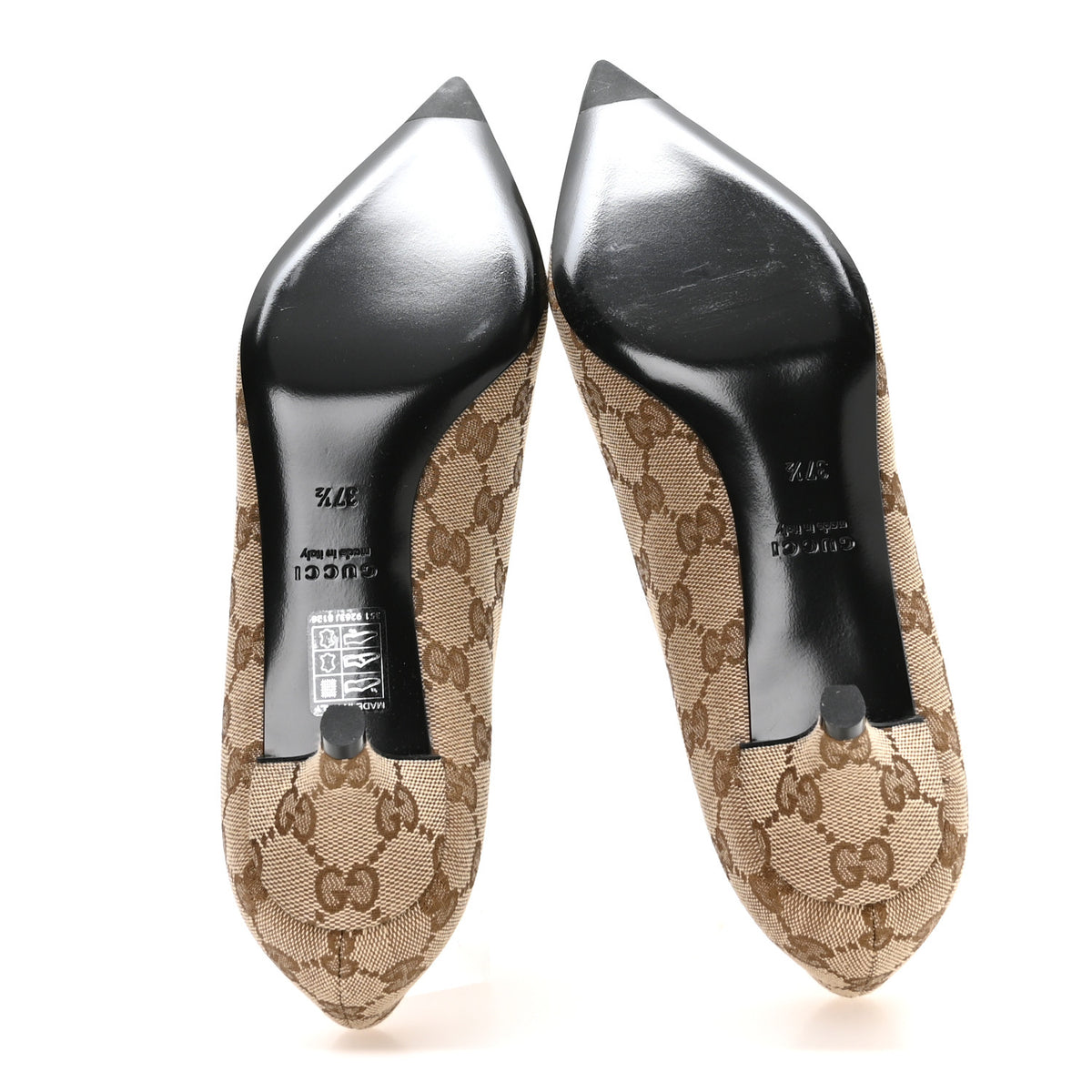 Gucci Canvas GG Monogram Horsebit Slingback Pumps 37.5 Beige Ebony Cocoa 6 of 9