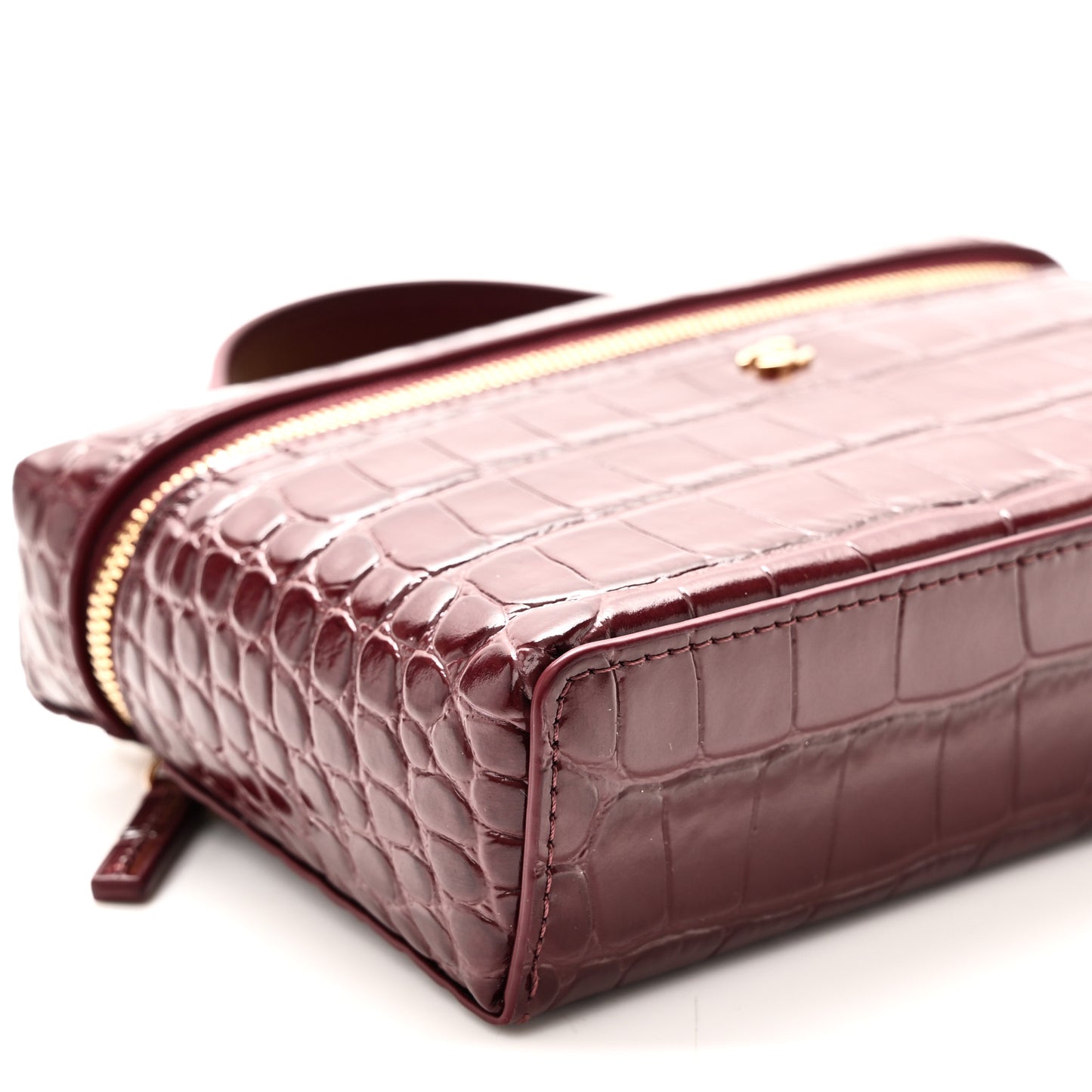 Calfskin Crocodile Embossed Crococo Top Handle Slim Vanity Case With Chain Dark Burgundy