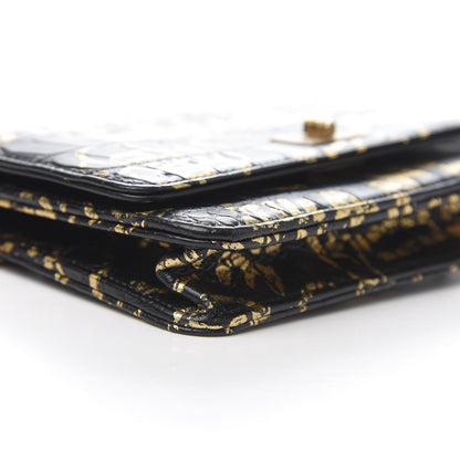 Chanel Calfskin Crocodile Embossed Graffiti 2.55 Cocodile Reissue Wallet On Chain WOC Black Gold 9 of 22