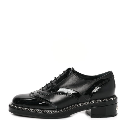 Chanel Lambskin Patent Calfskin CC Brogue Lace Up Oxfords 39.5 Black 1 of 8