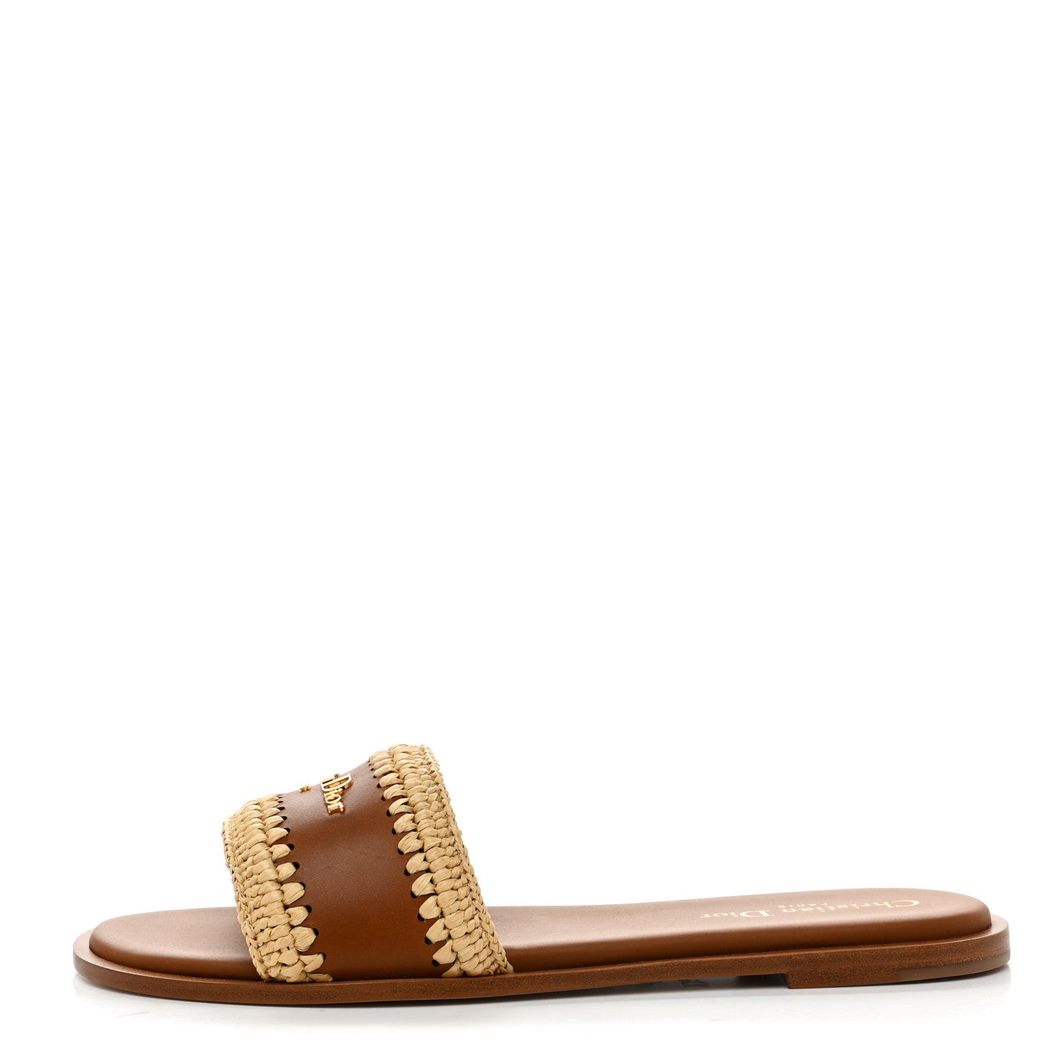 Christian Dior Calfskin Raffia Dioriviera D-Lane Flat Slide Sandals 38.5 Camel 1 of 9