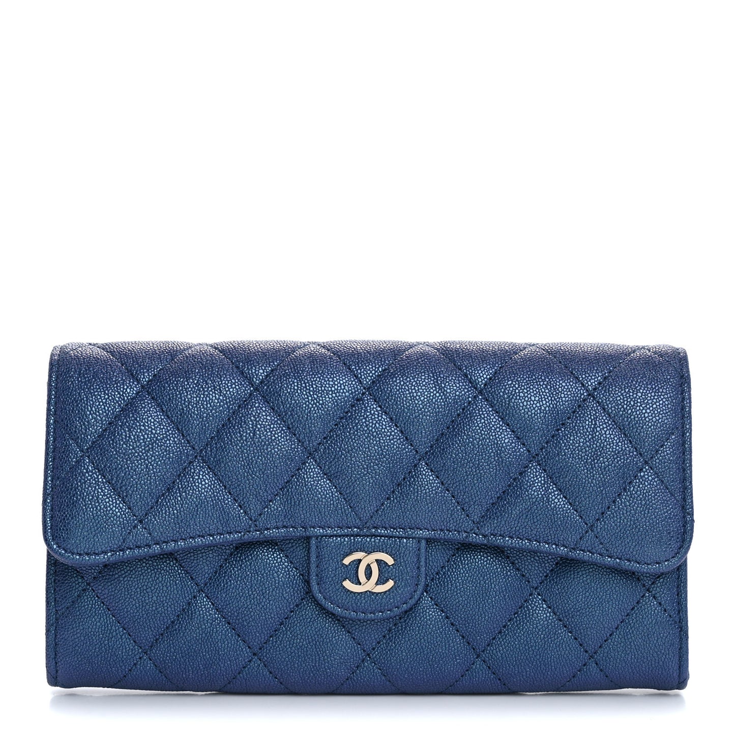 Iridescent Caviar Quilted Large Gusset Flap Wallet Dark Blue