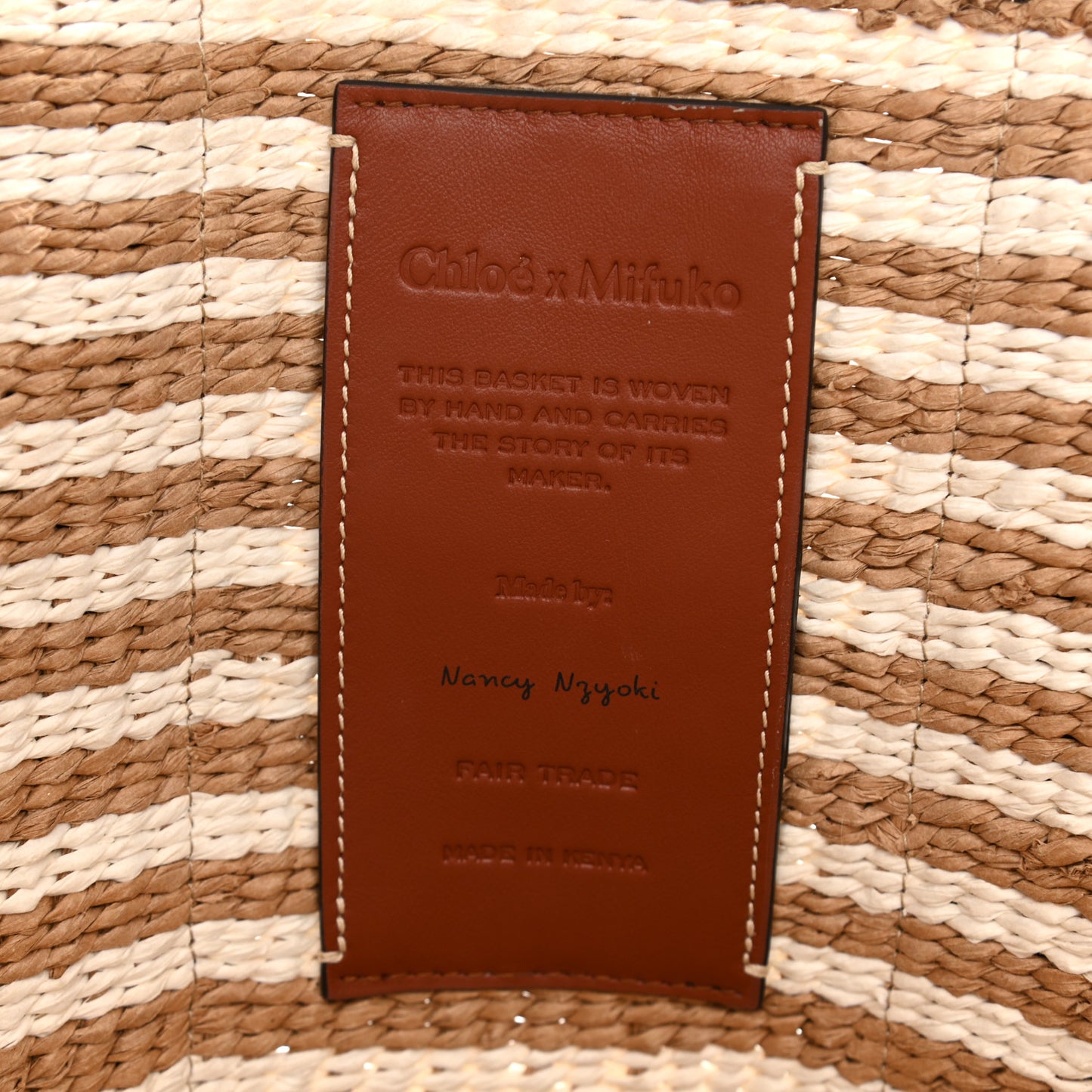 Raffia Calfskin Large Woody Striped Basket Bag Brown
