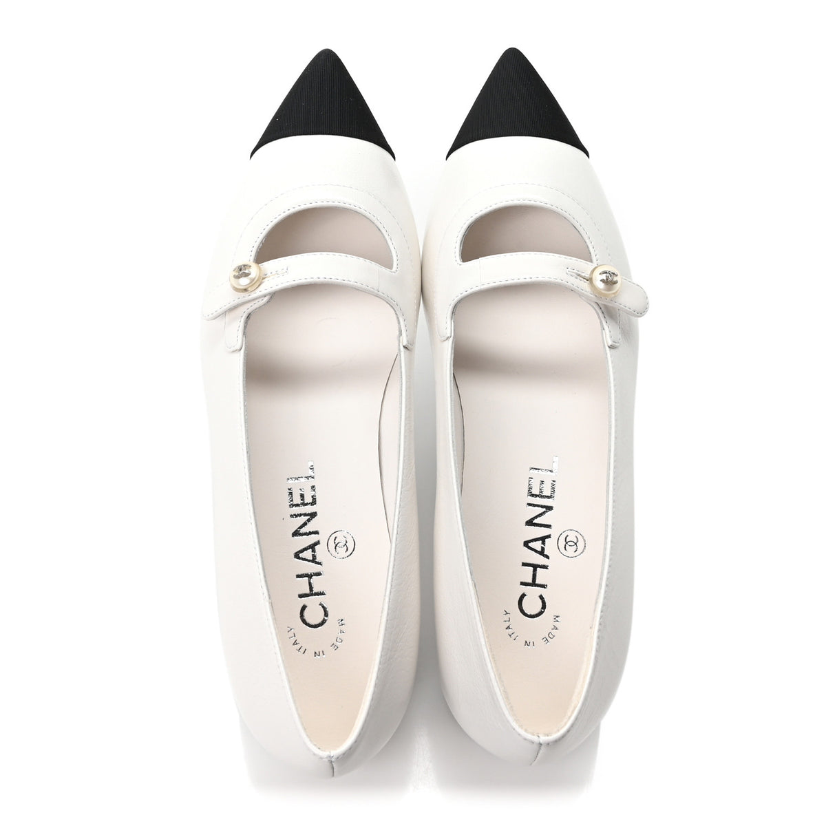 Shiny Lambskin Grosgrain Pearl Mary Janes Flats 36 White Black