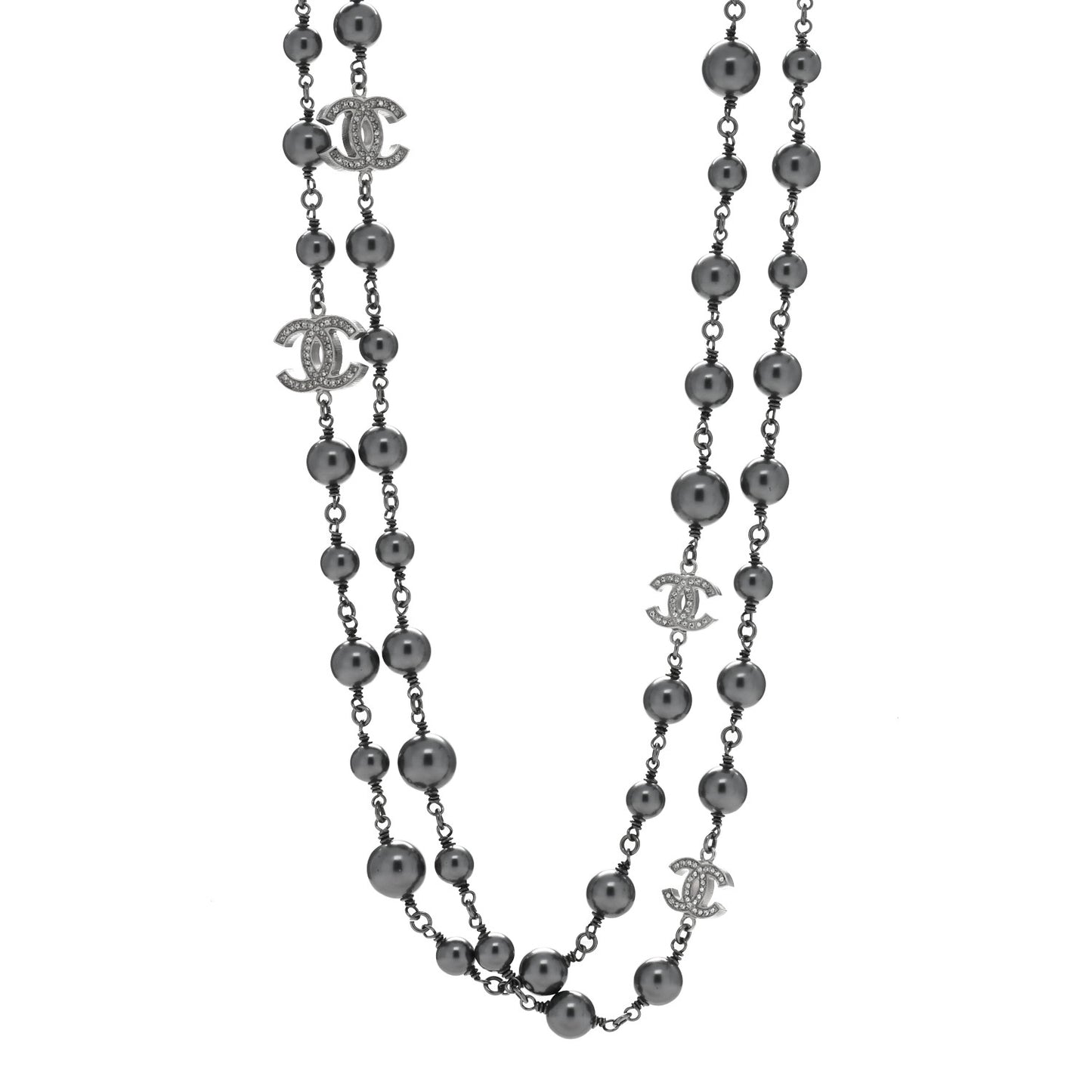 Crystal Pearl Beaded CC Long Necklace Ruthenium