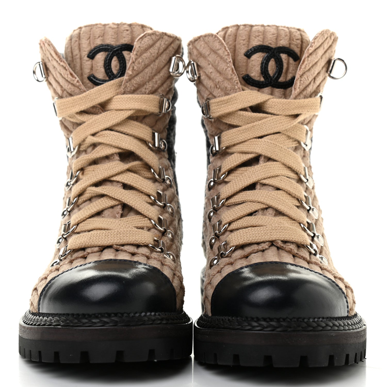 Chanel Tweed Corduroy Calfskin Quilted Lace Up Boots 35 Beige Black 2 of 9
