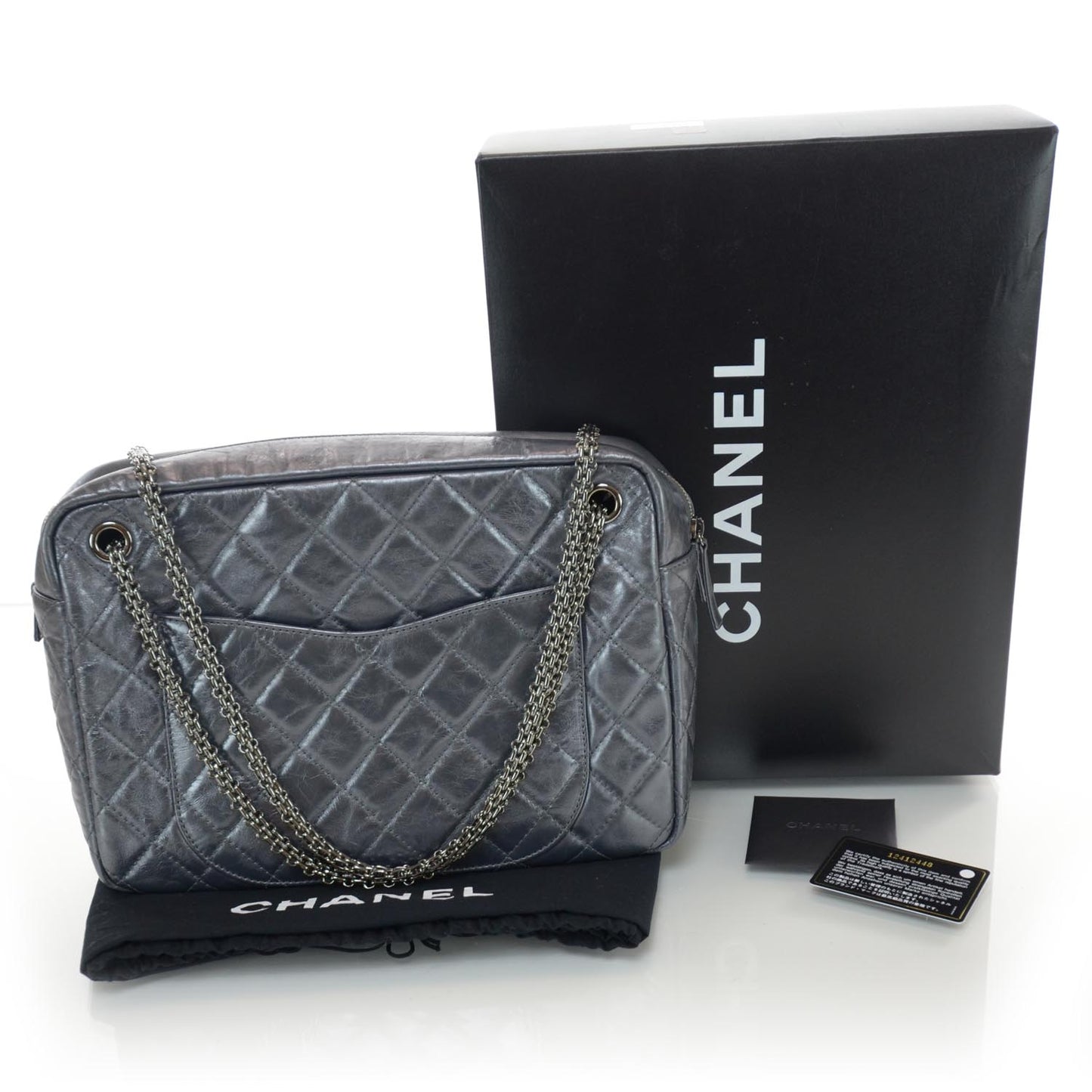 Metallic Aged Calfskin Quilted Large Reissue Camera Case Silver