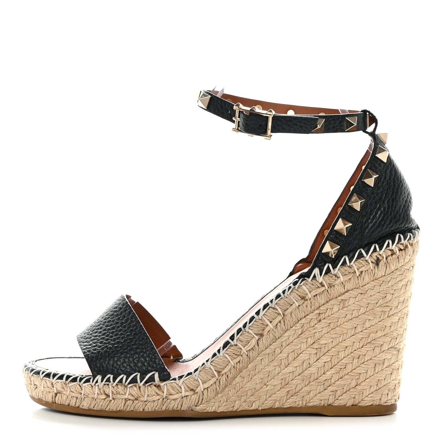Valentino Garavani Grained Calfskin Rockstud Ankle Strap Espadrille 15/105mm Wedge Sandals 39 Black Light Cuir Natural 1 of 8