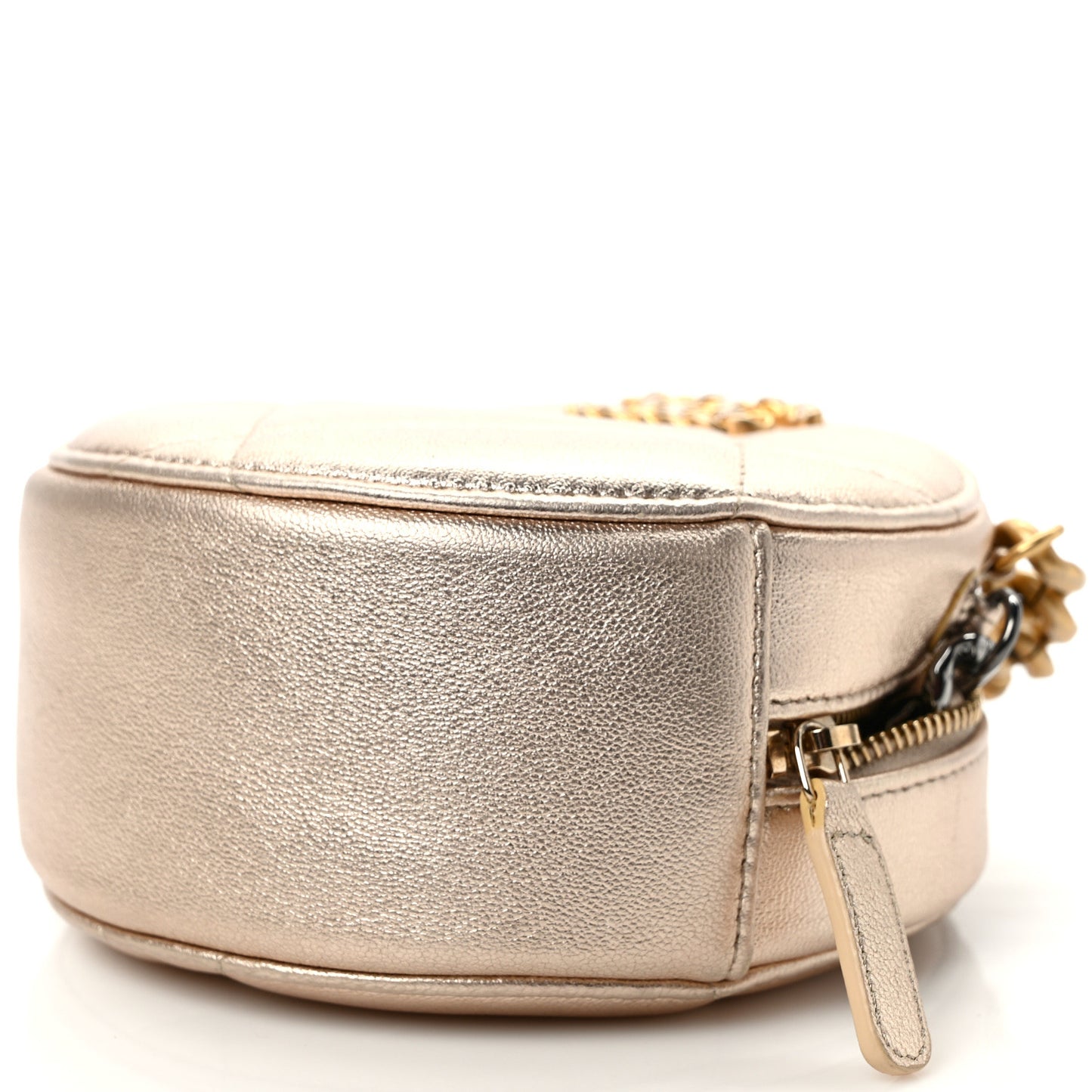 Metallic Lambskin Quilted Chanel 19 Round Clutch With Chain Gold