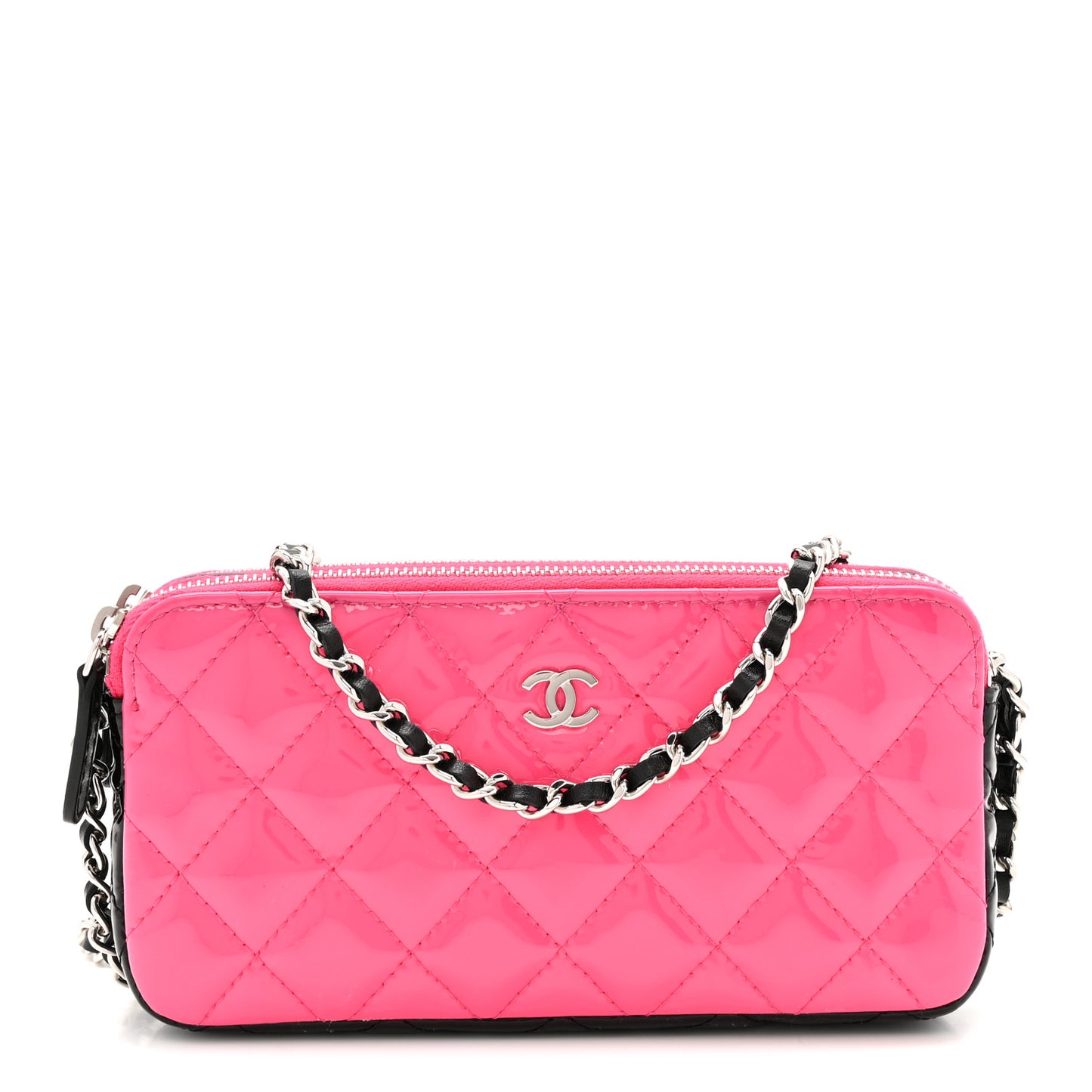 Patent Quilted Small Clutch With Chain Pink Black