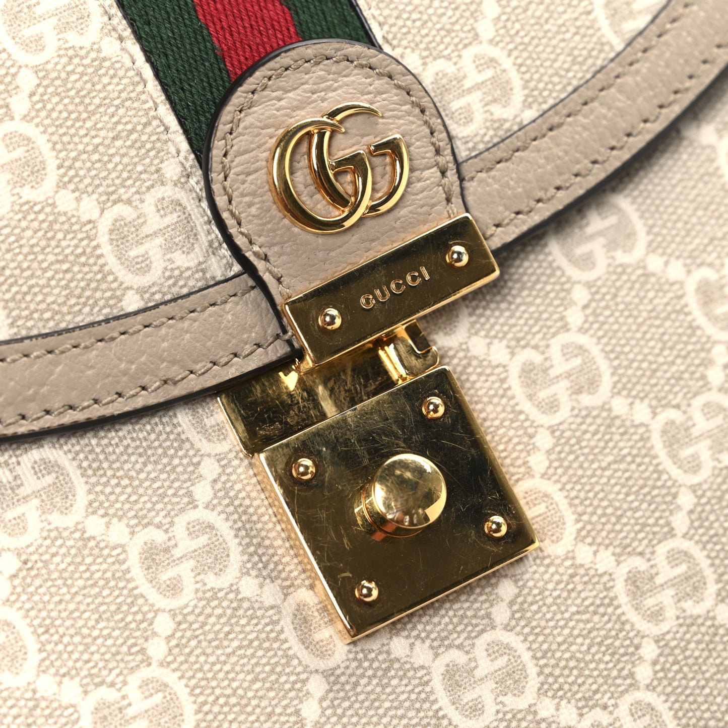GG Supreme Monogram Textured Dollar Calfskin Web Small Ophidia Padlock Top Handle Bag Beige Mystic White Oatmeal