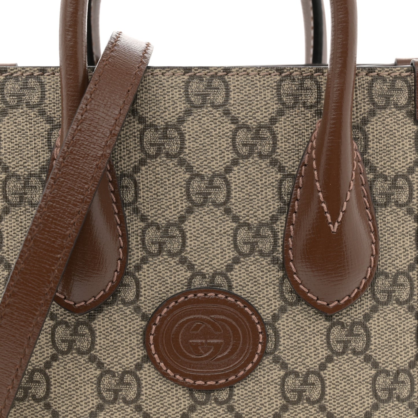 GG Supreme Monogram Azalea Calfskin Mini Retro Interlocking G Tote Bag Beige Ebony Brown Sugar
