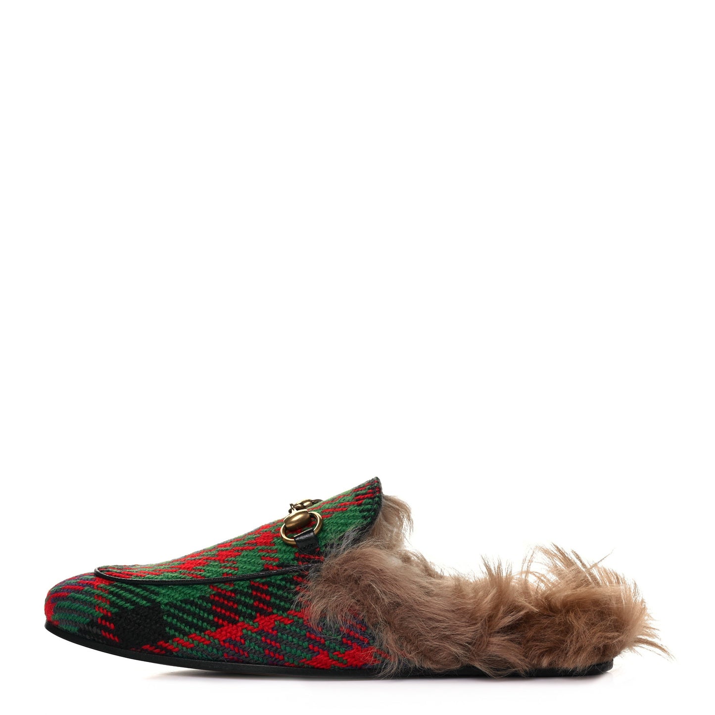 Tweed Fur Prince Wales Plaid Mens Princetown Slippers 8 Green Blue Red Natural