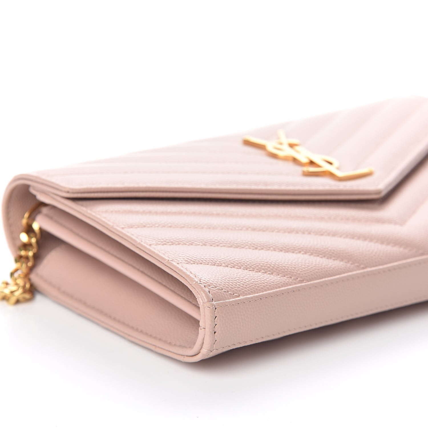Saint Laurent Grain De Poudre Matelasse Chevron Monogram Chain Wallet Pale Blush 7 of 8