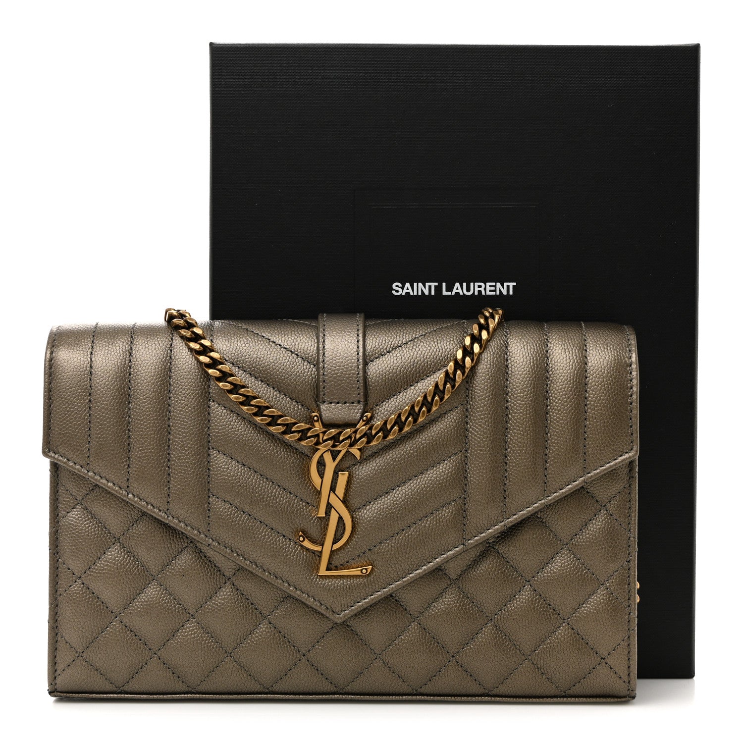 Saint Laurent Metallic Grain De Poudre Mixed Matelasse Triquilt Monogram Chain Wallet Piombo 16 of 16