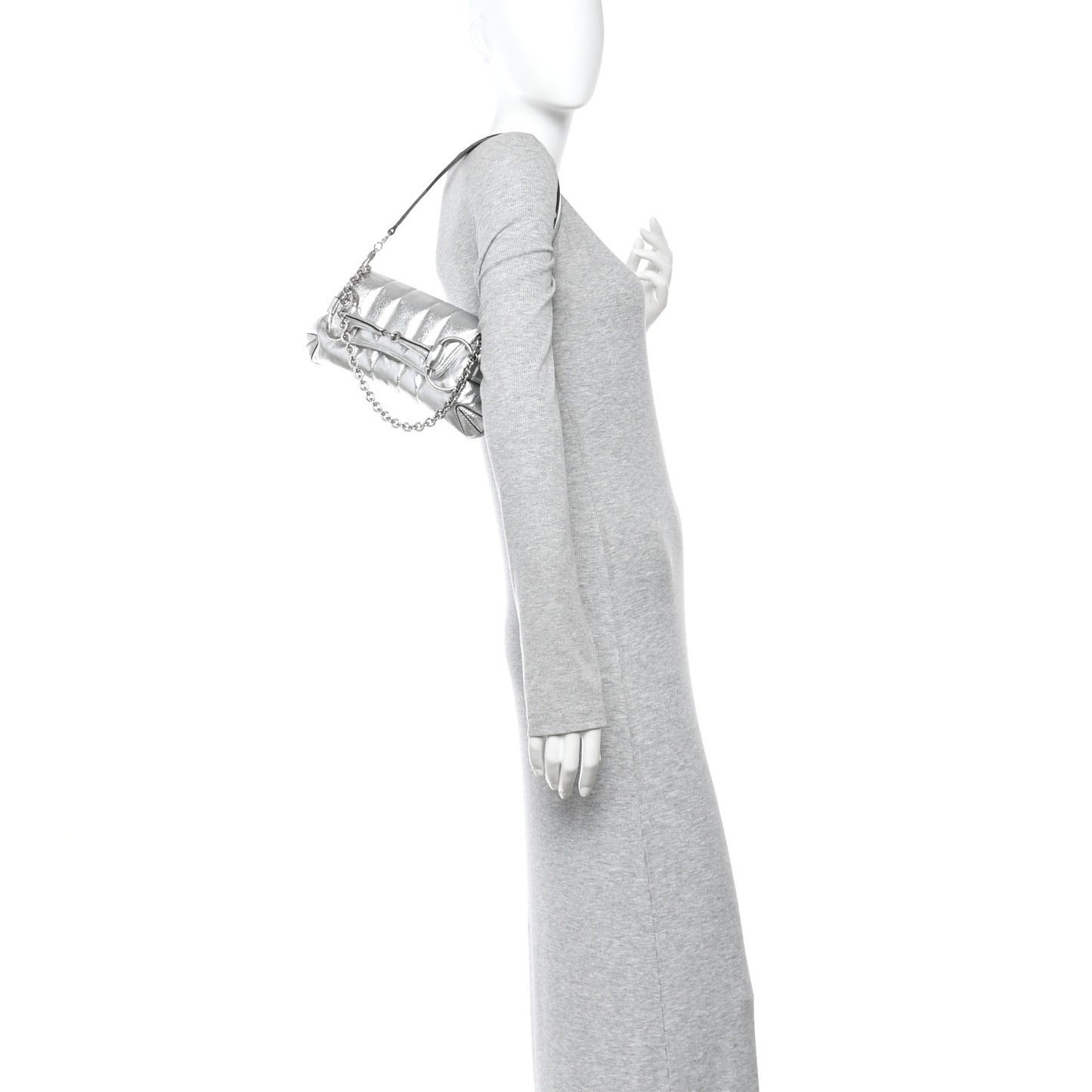 Metallic Nappa Vertical Matelasse Small Maxi Horsebit Chain Shoulder Bag Silver