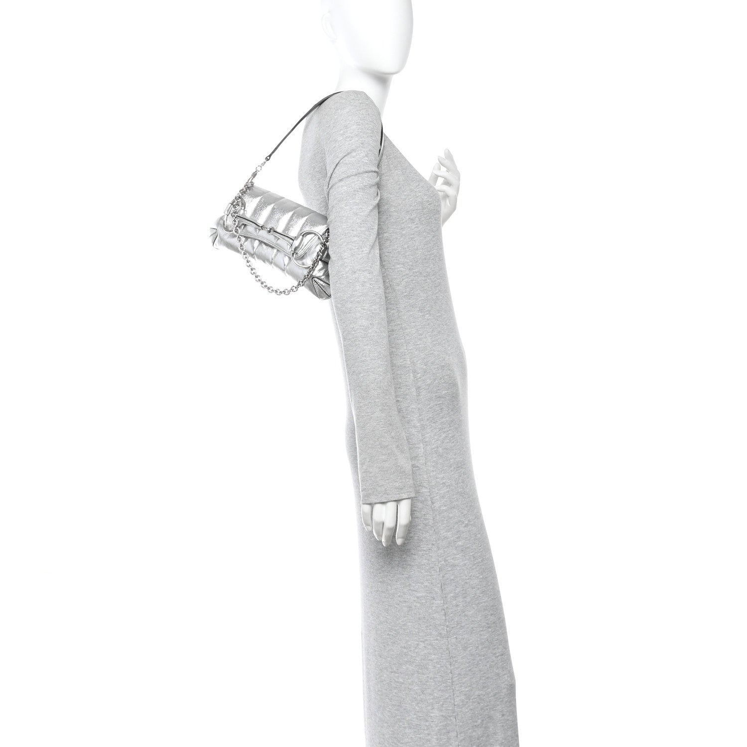 Gucci Metallic Nappa Vertical Matelasse Small Maxi Horsebit Chain Shoulder Bag Silver 2 of 9