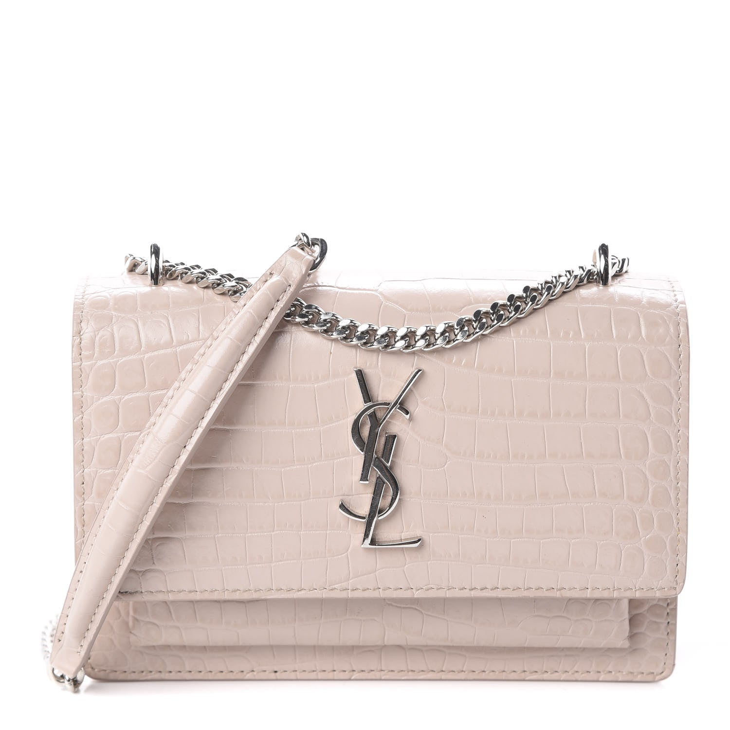 Saint Laurent Calfskin Crocodile Embossed Monogram Sunset Chain Wallet Marble Pink 1 of 13