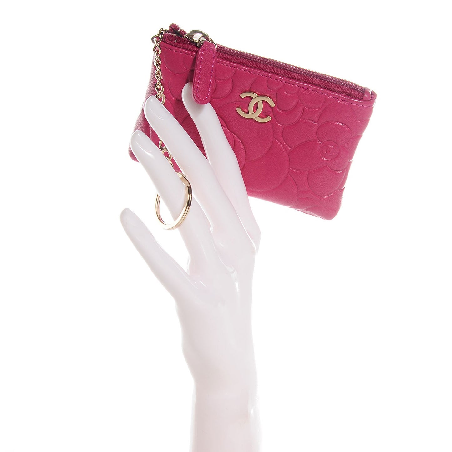 Lambskin Camellia Embossed Key Holder Case Fuchsia