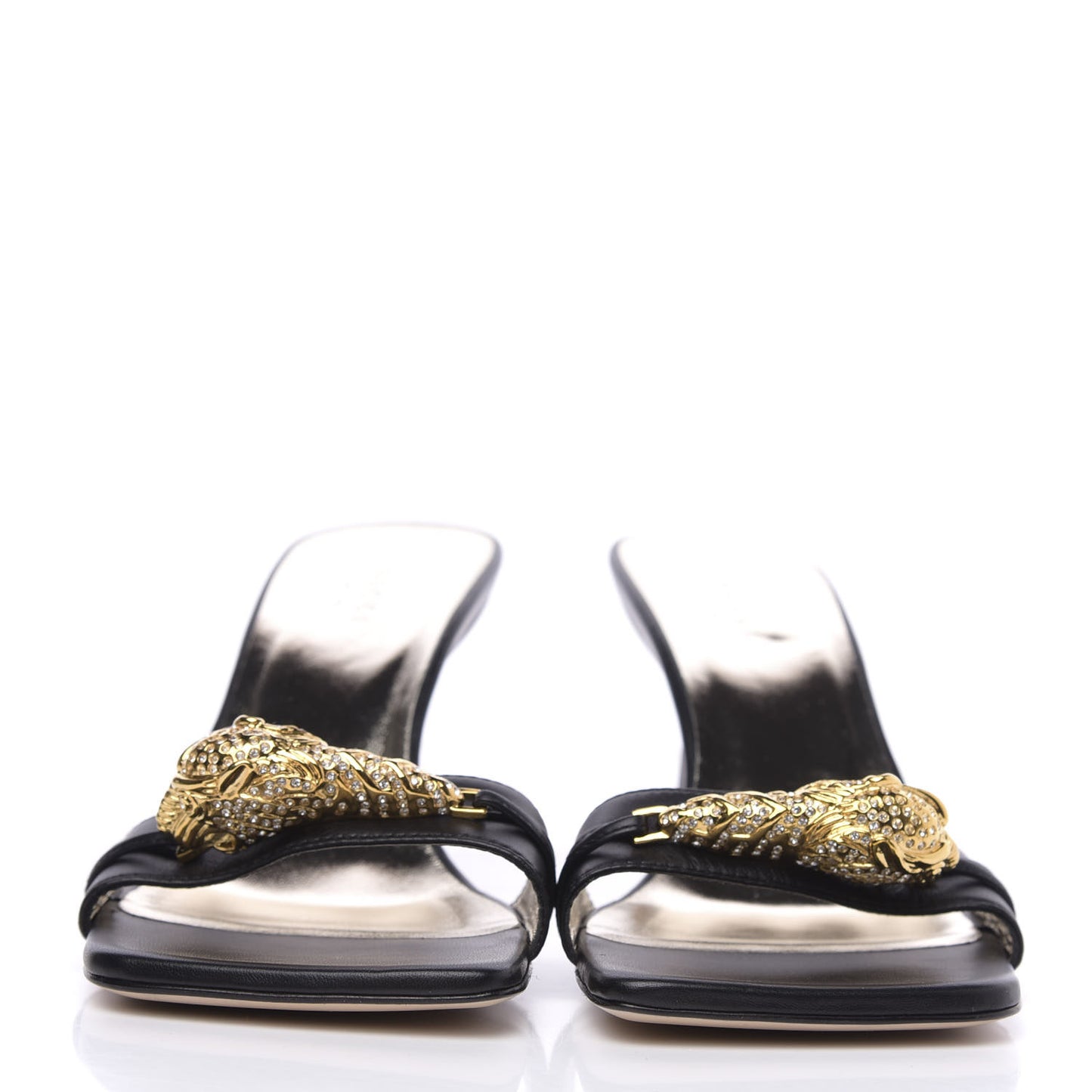 Nappa Dora Tiger Head Mid Heel Slide Sandals 38 Black