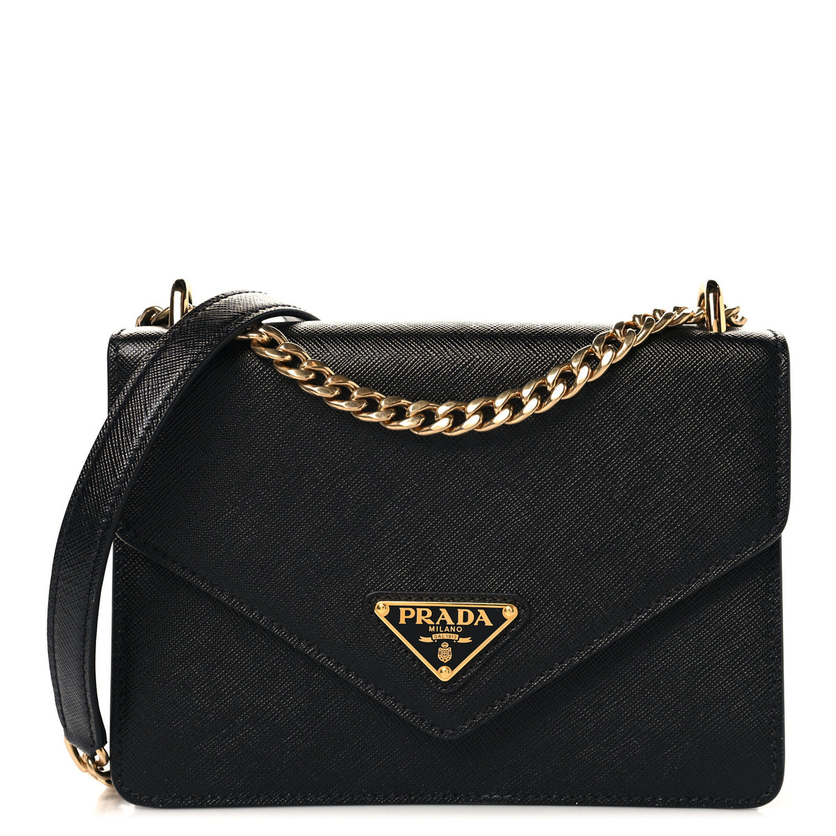 Saffiano Soft Calfskin Metal Triangle Logo Envelope Chain Shoulder Bag Black