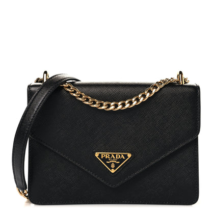 Prada Saffiano Soft Calfskin Metal Triangle Logo Envelope Chain Shoulder Bag Black 1 of 9