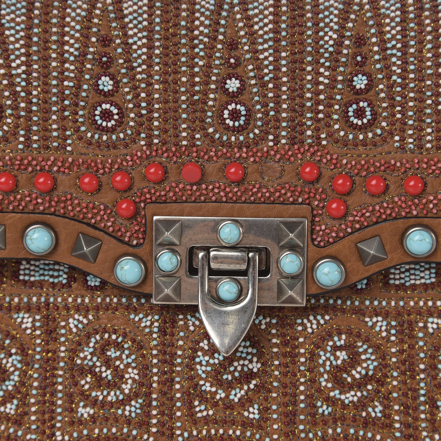 Calfskin Embroidered Medium Guitar Strap Rockstud Rolling Flap Saddle Bag Light Cuir