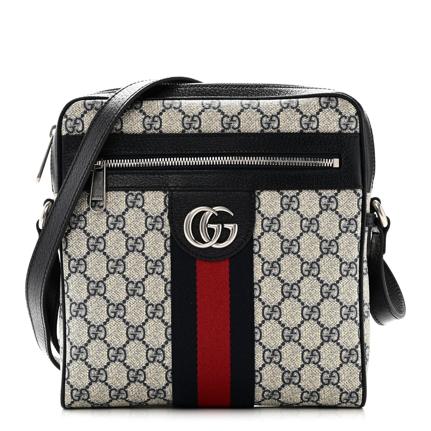 GG Supreme Monogram Textured Dollar Calfskin Web Small Ophidia Messenger Bag Beige Blue