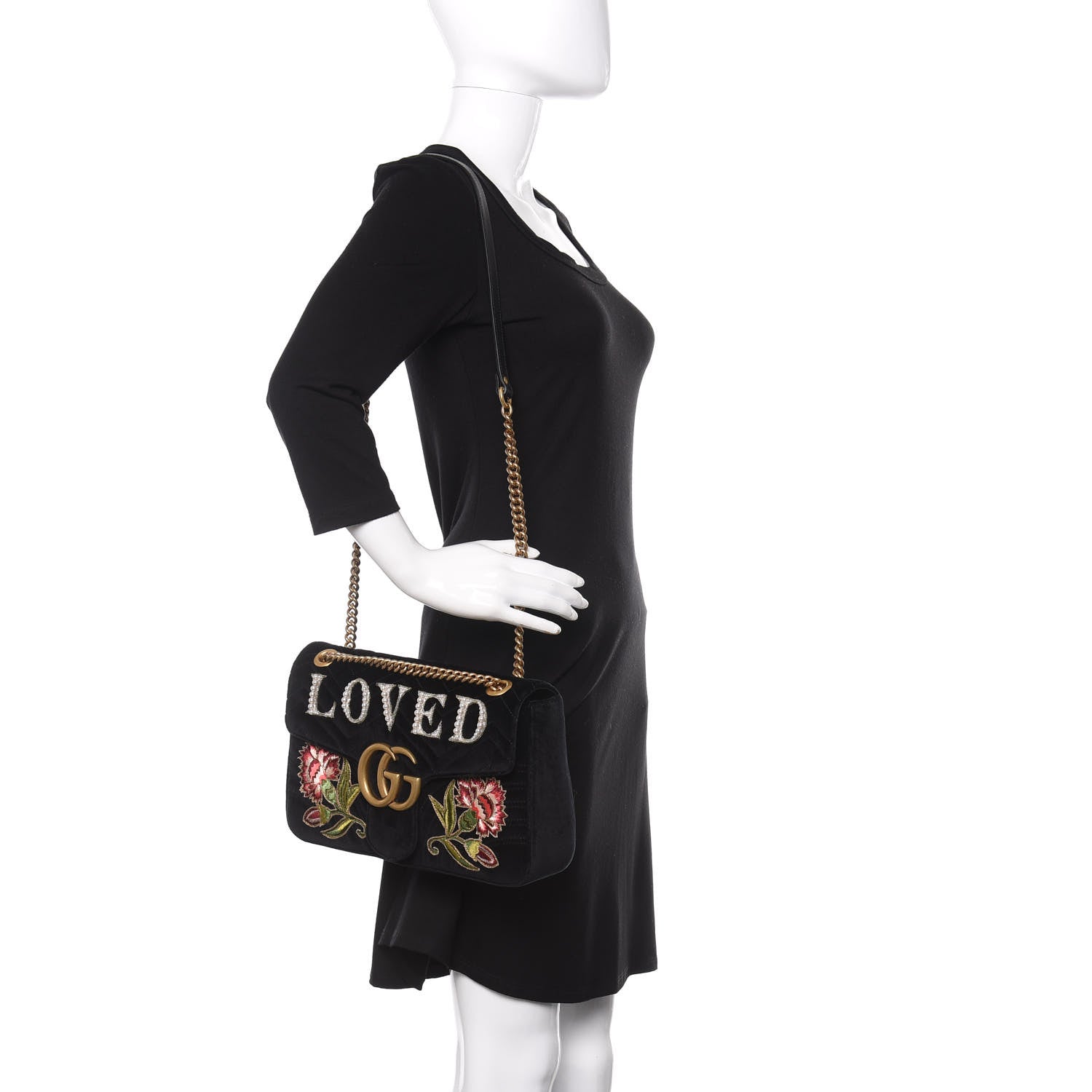 Gucci Velvet Matelasse Loved Embroidered Medium GG Marmont Shoulder Bag Black 2 of 10