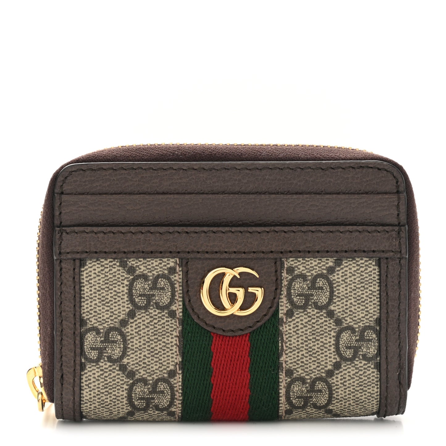 GG Supreme Monogram Textured Dollar Calfskin Web Ophidia Zip Around Card Case Wallet Beige Ebony New Acero