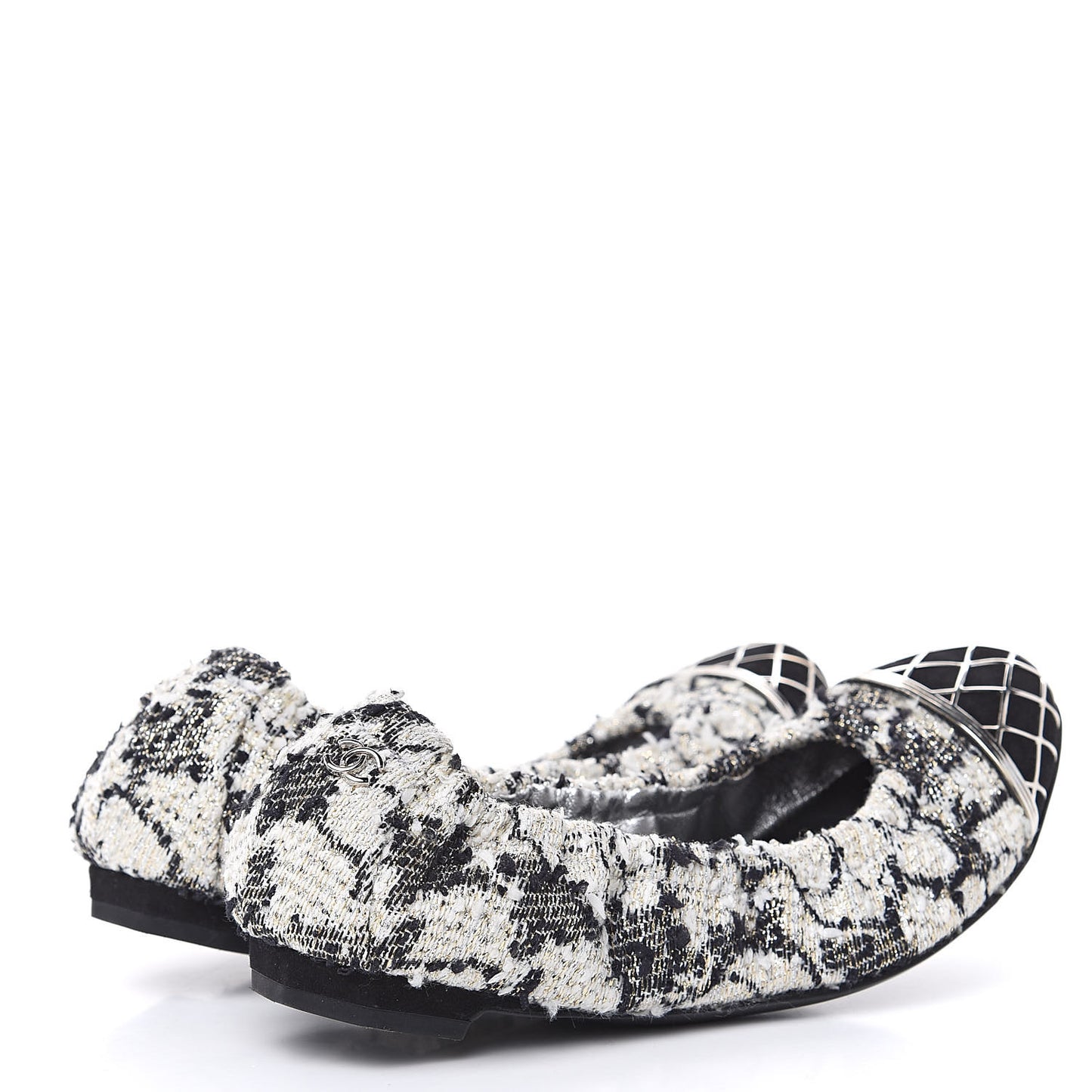Tweed CC Elastic Cap Toe Ballerina Flats 35.5 Ecru Black Argent