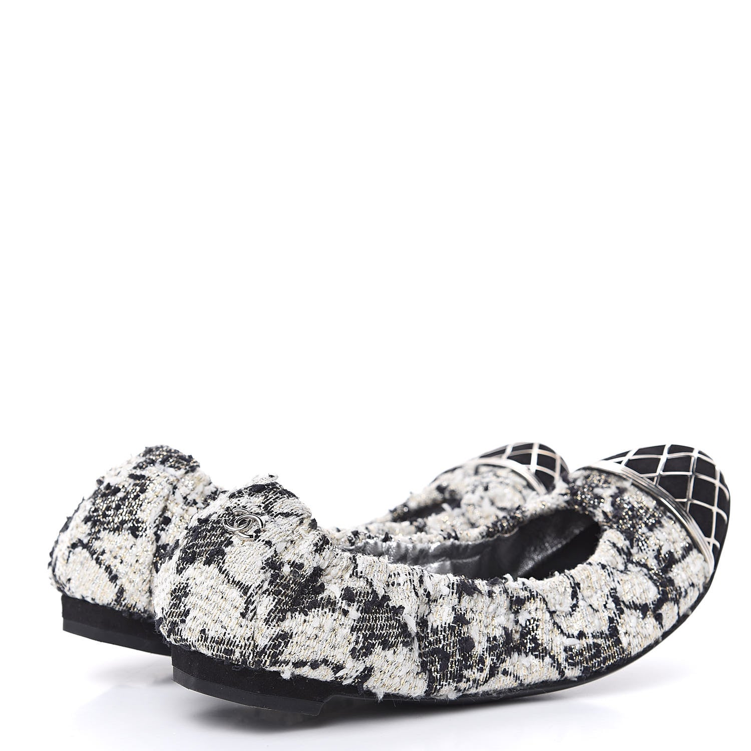 Chanel Tweed CC Elastic Cap Toe Ballerina Flats 35.5 Ecru Black Argent 3 of 9