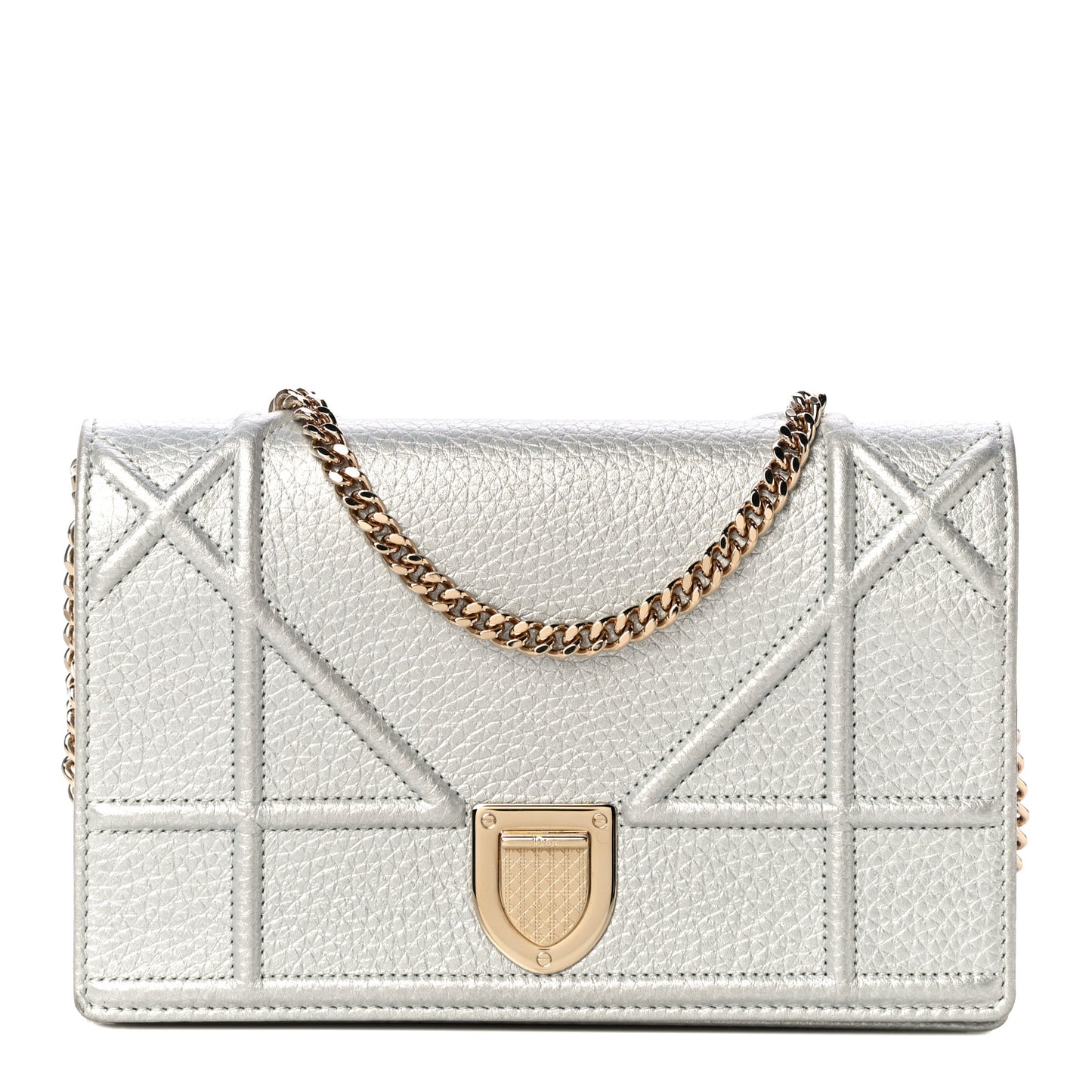 Metallic Grained Calfskin Diorama Wallet on Chain Pouch Silver