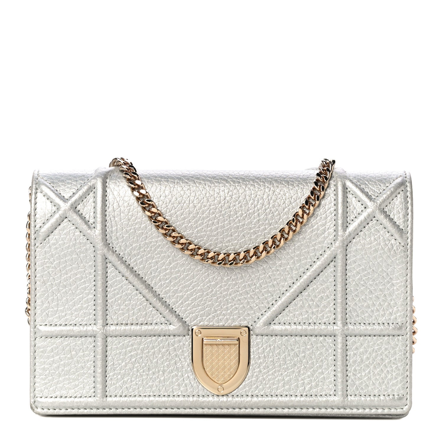 Christian Dior Metallic Grained Calfskin Diorama Wallet on Chain Pouch Silver 1 of 10